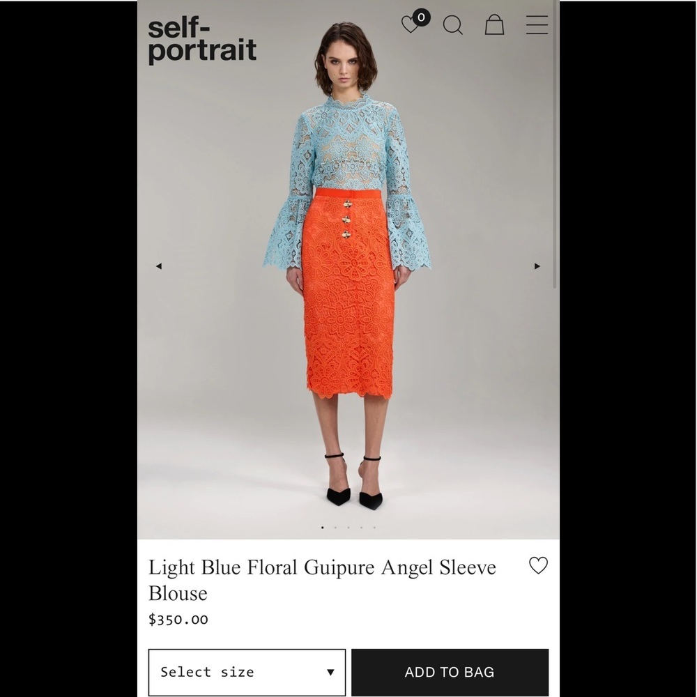 2022 Self-Portrait Light Blue Floral Guipure Angel Sleeve Blouse